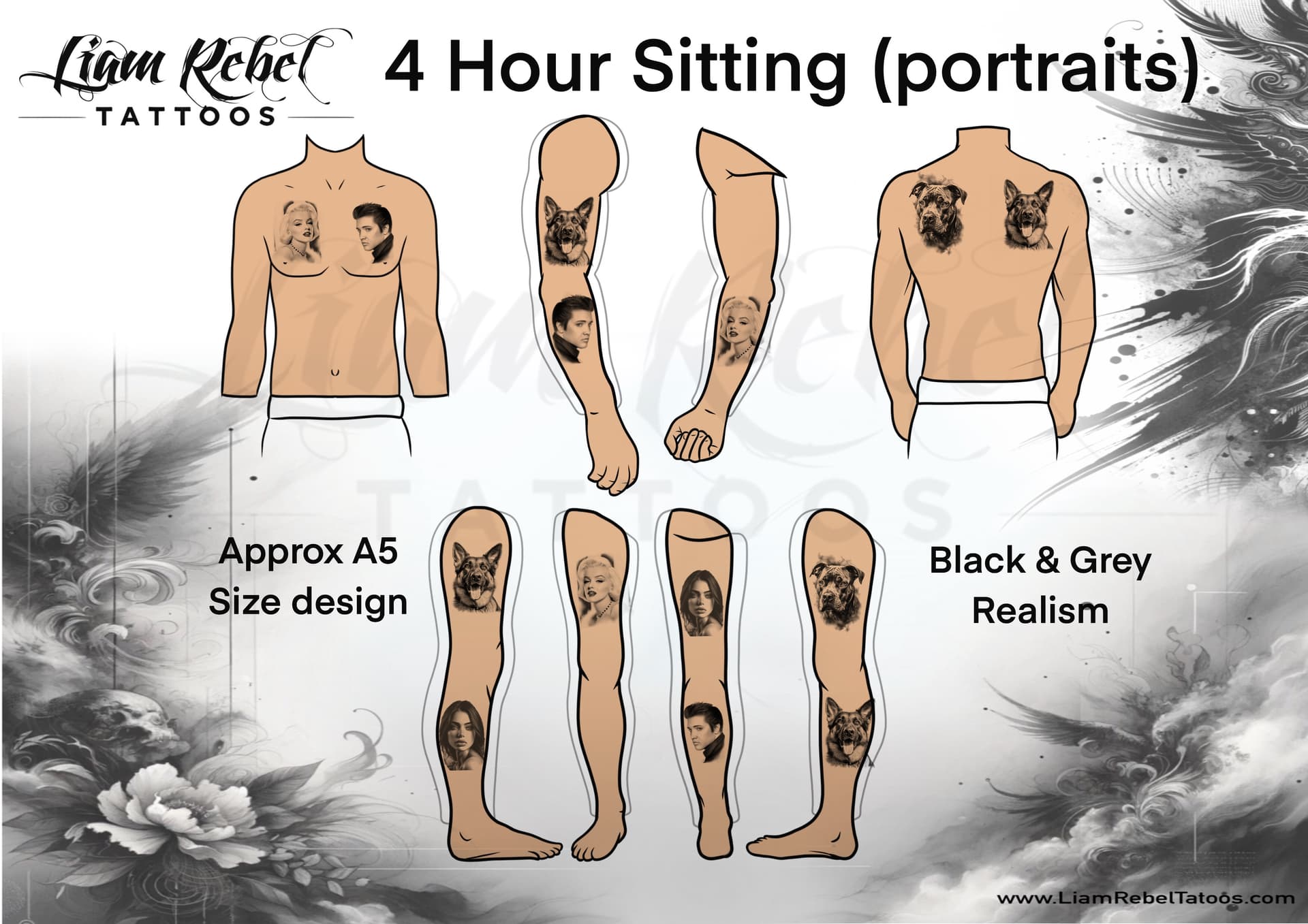A5 size portrait tattoo placements on different body parts — 4-hour portrait session guide