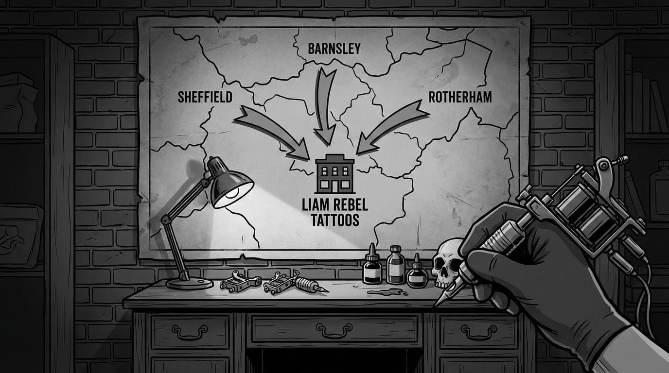 Map displaying Liam Rebel Tattoos' location in Sheffield with arrows from nearby towns Barnsley and Rotherham.