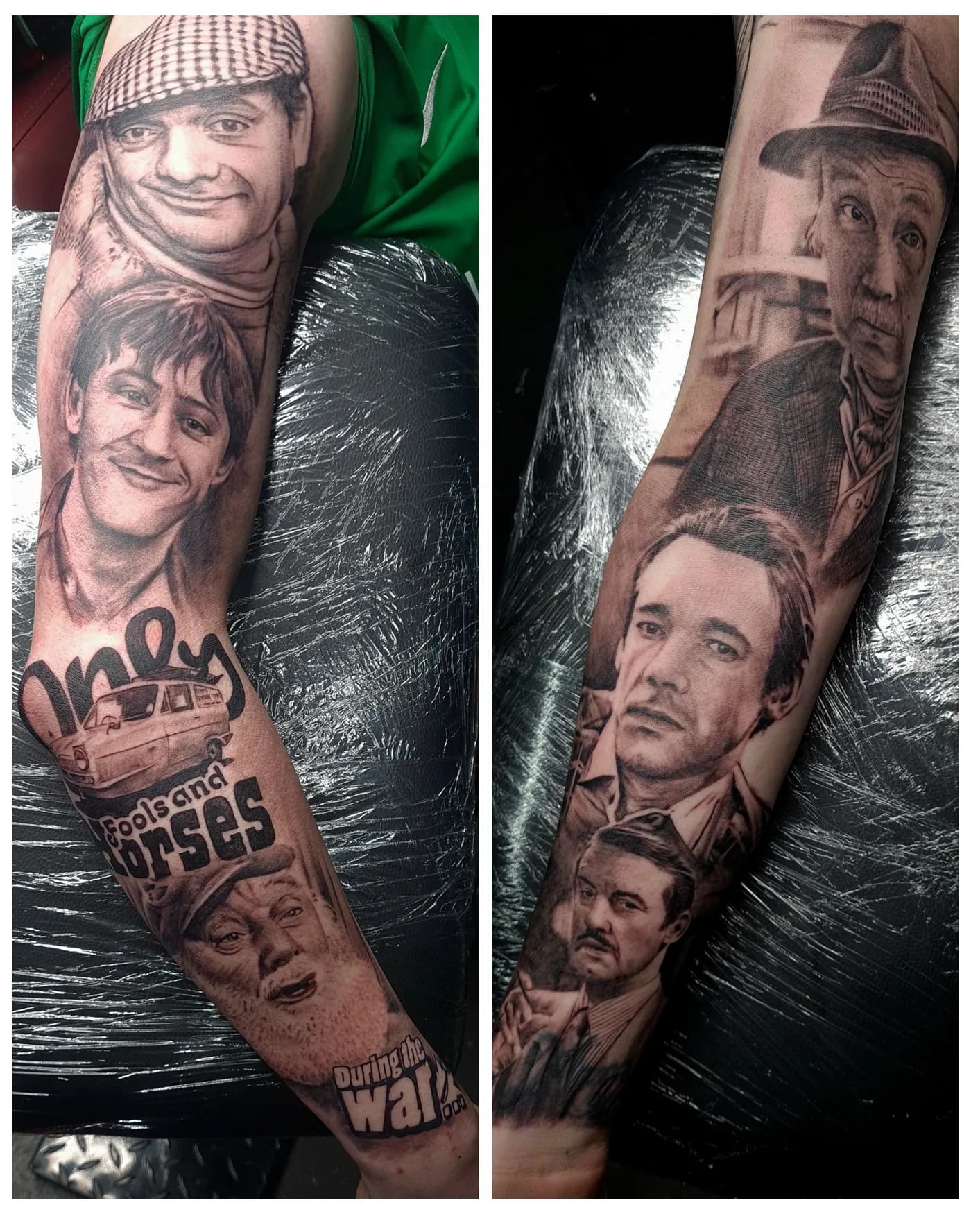 Fully wrapped Only Fools and Horses arm sleeve tattoo, outer and inner profiles side by side — six character portraits and the Trotter van in black and grey realism, completed in two 8-hour sittings at Liam Rebel Tattoos Sheffield