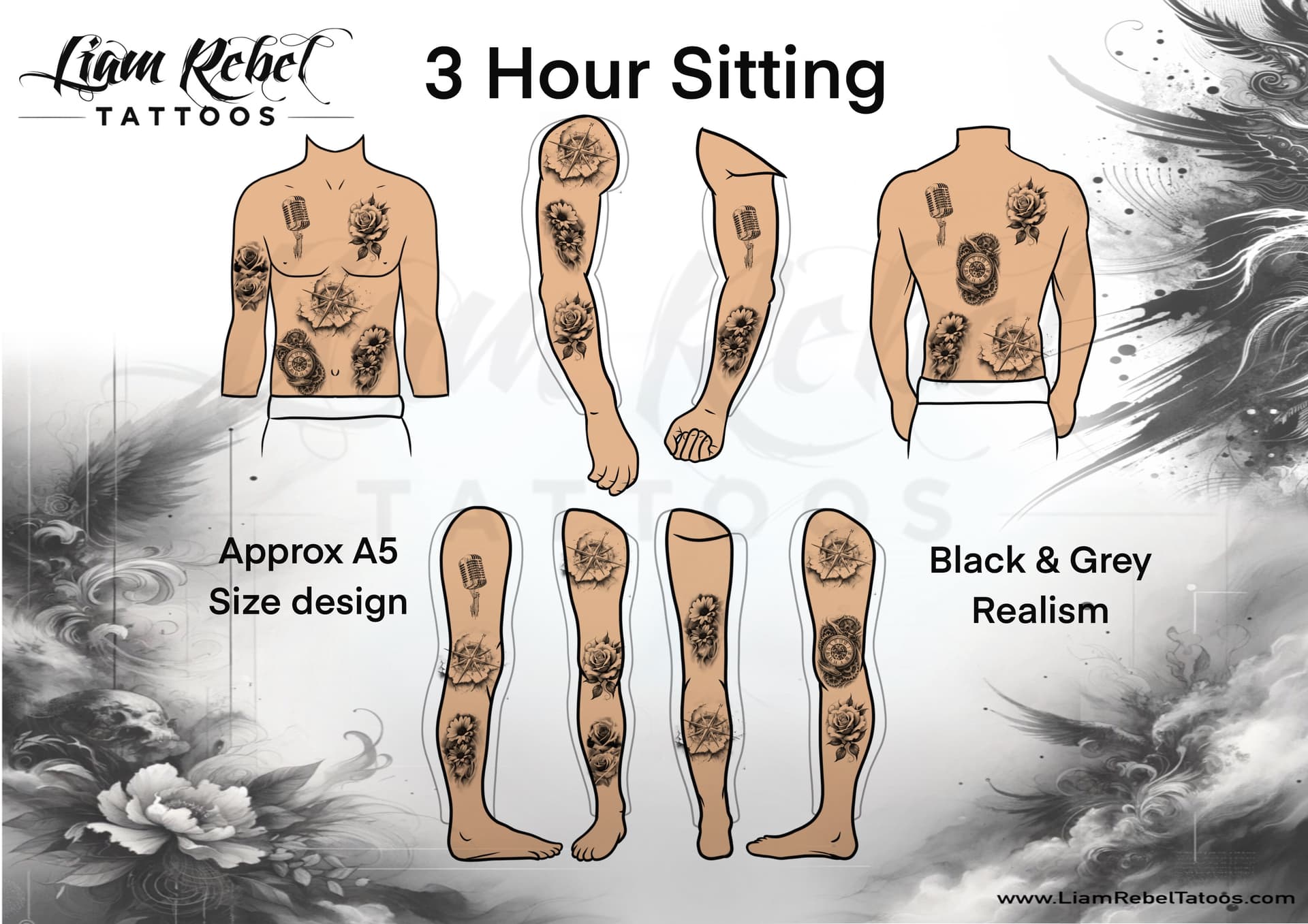A5 size black and grey realism tattoo designs on different body parts — half day sitting guide