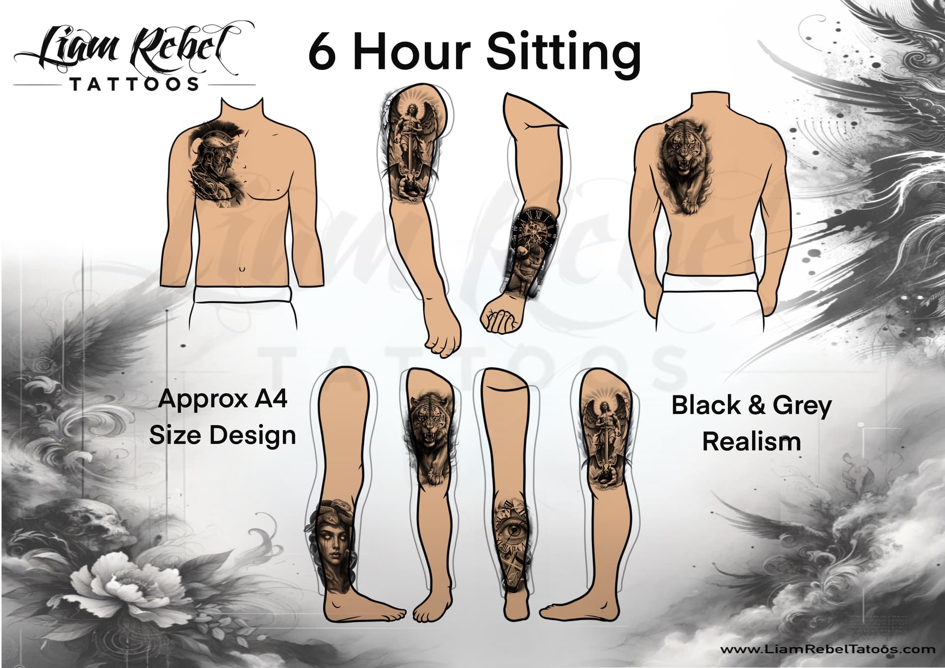 Approximately A4 size tattoo designs in different body placements — full day 6-hour sitting guide