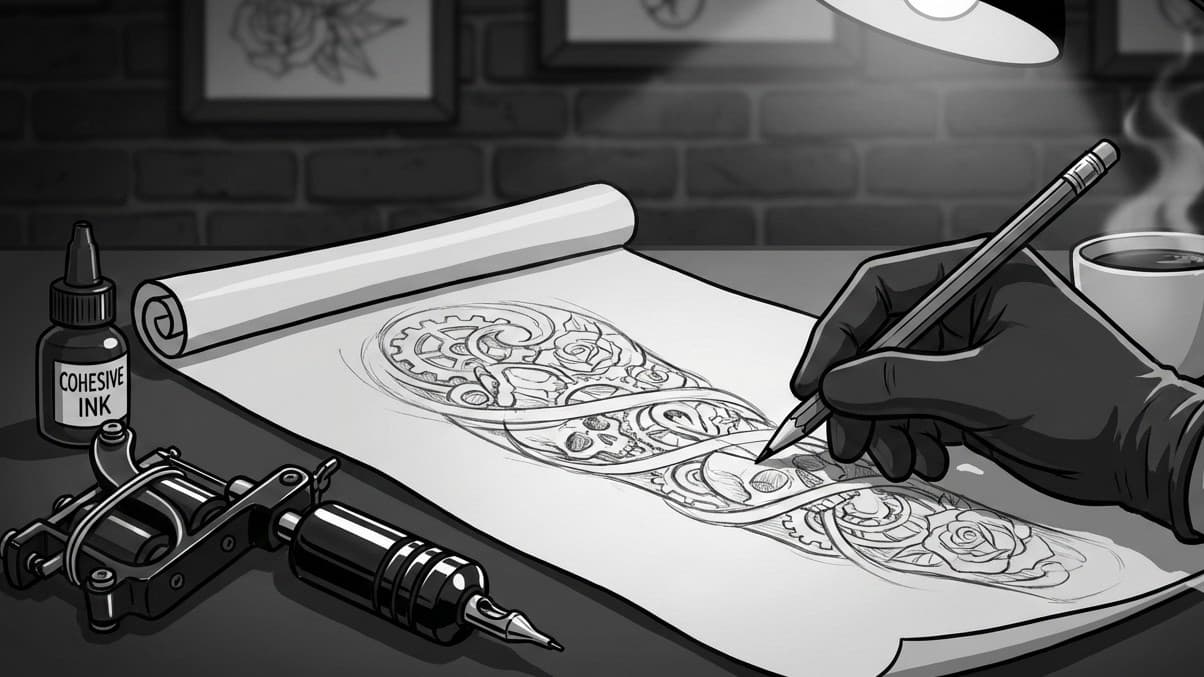 Detailed sketch featuring gear motifs and roses in black grey realism style.