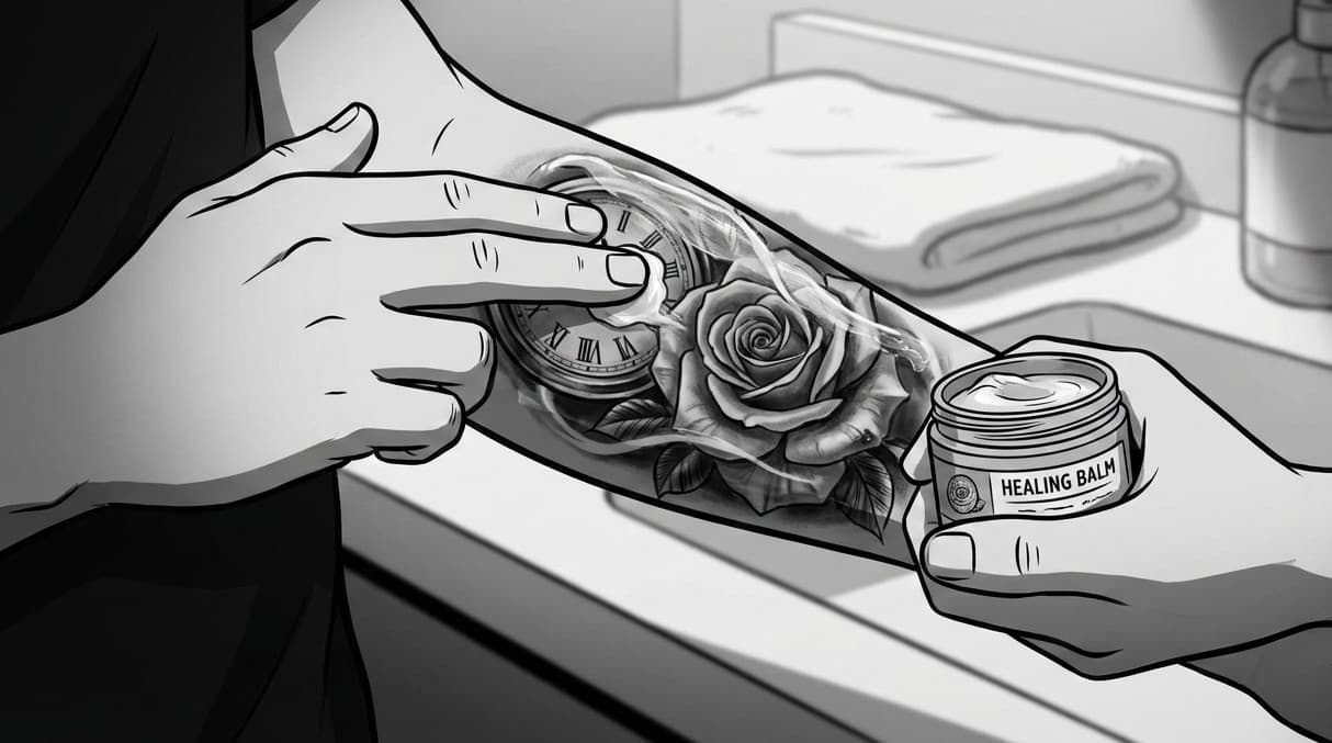 A black and grey realism tattoo of a rose and clock on the arm, showing healing balm application.