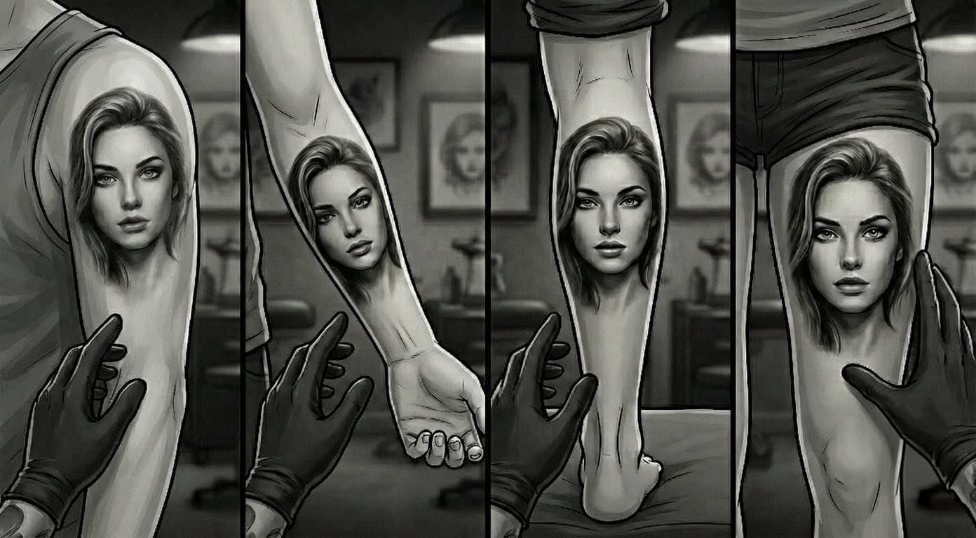 Detailed black and grey realism tattoo of a woman's face on arm sleeve.