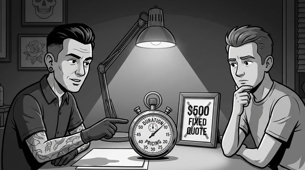 Tattoo artist explaining pricing to client in a black grey realism style.
