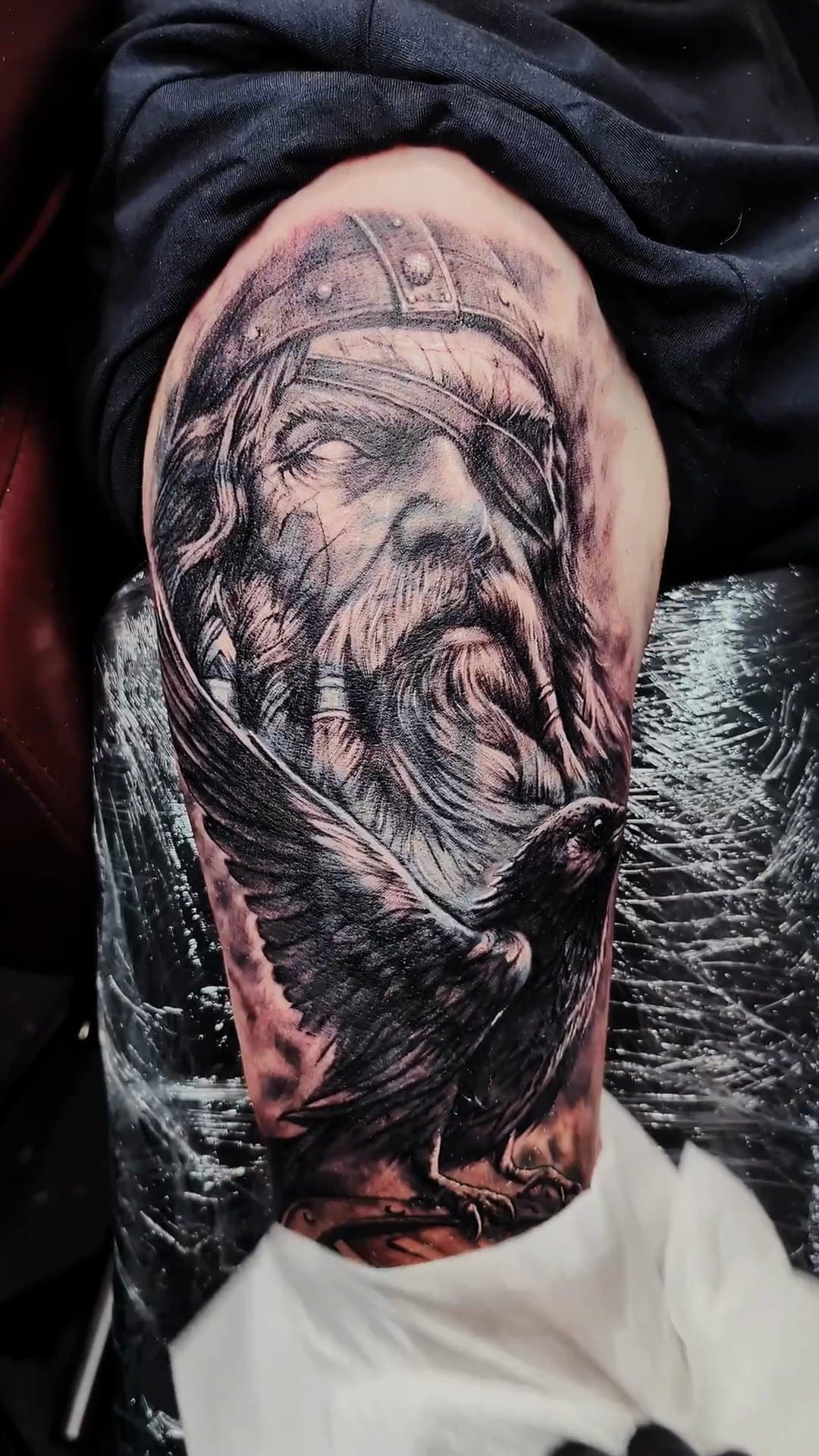 Viking cover-up tattoo, upper arm, 6-hour session