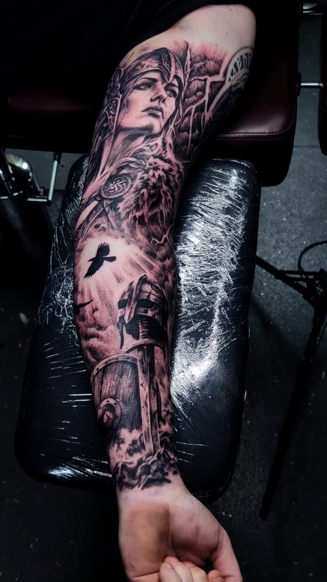 Valkyrie and Viking inner arm tattoo, 8-hour session