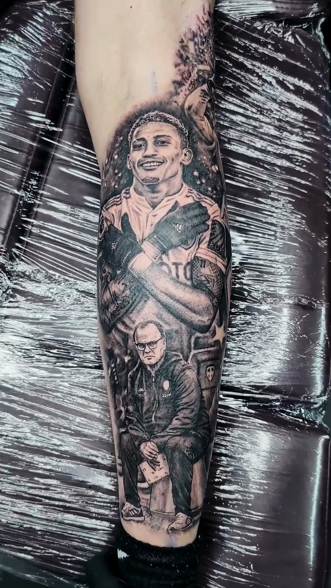 Leeds United portrait leg tattoo, 10-hour session