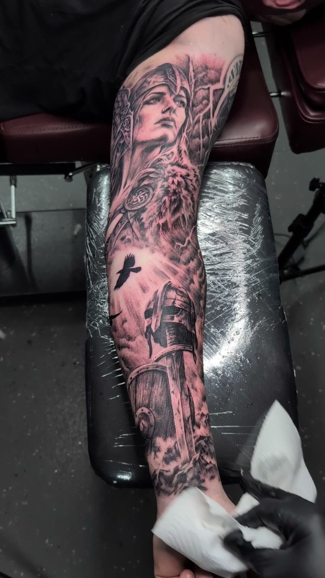 Valkyrie and Viking inner arm tattoo, stencil to reveal
