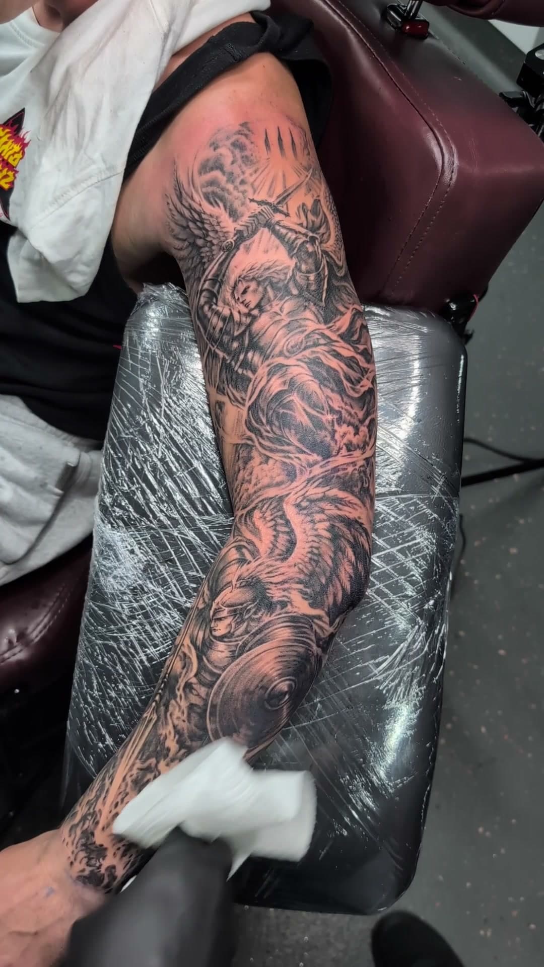 Heaven vs hell black and grey sleeve tatt, stencil to reveal