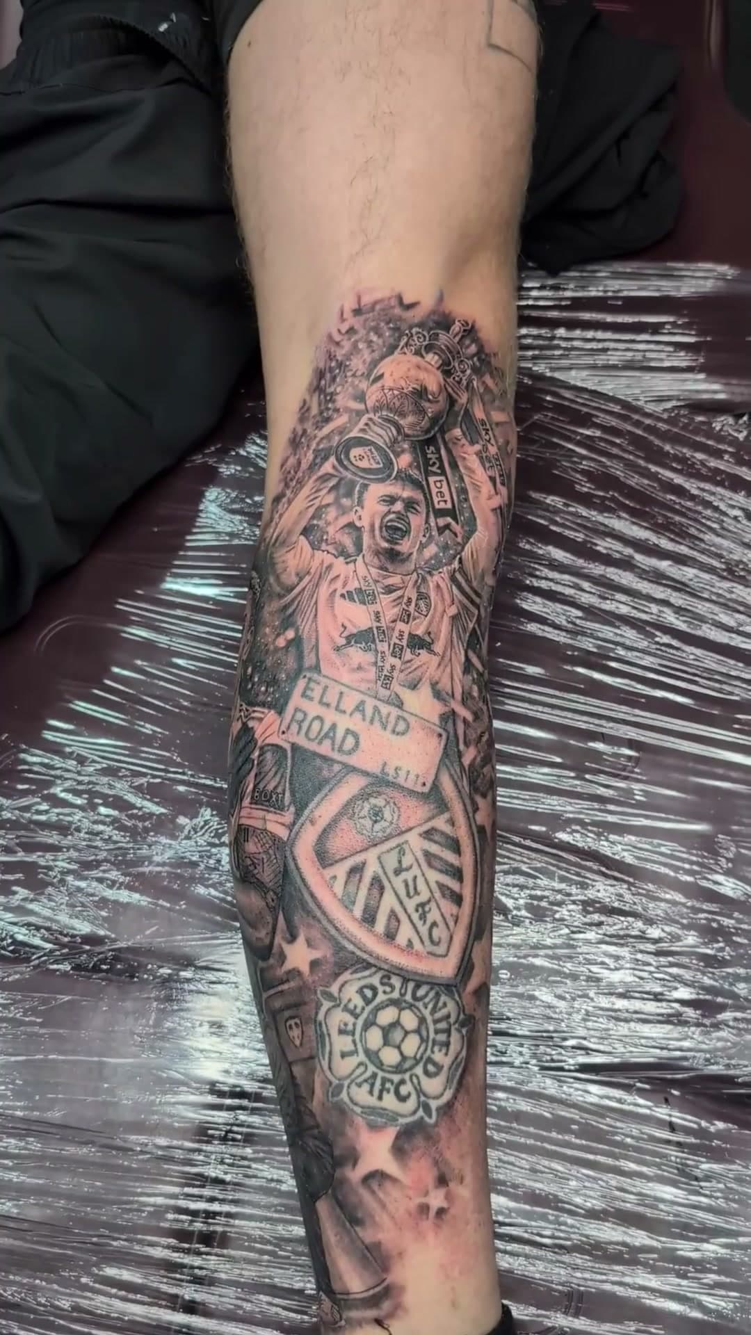 Leeds United portrait leg tattoo, stencil to reveal