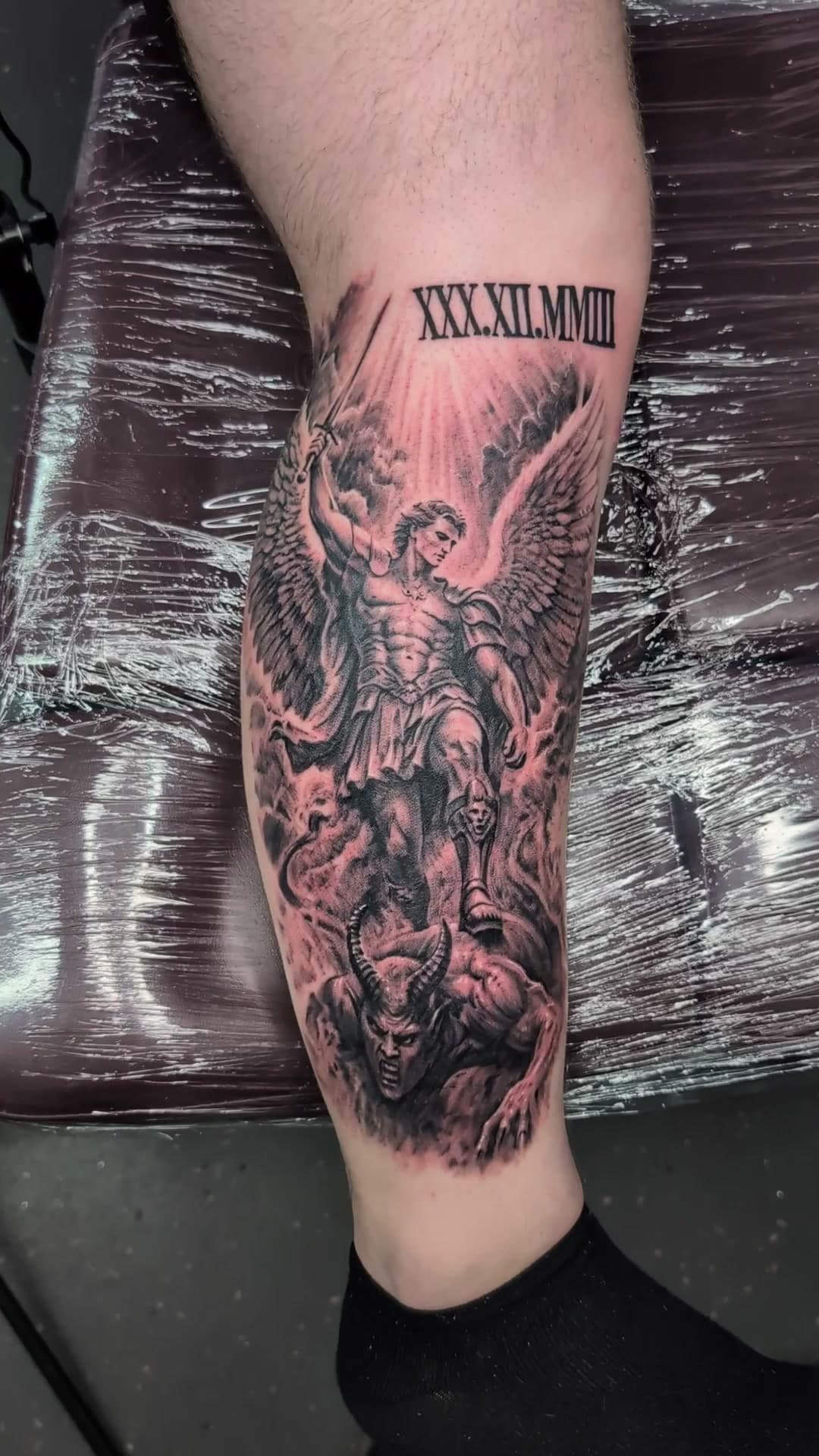 St Michael and devil memorial calf tattoo, stencil to reveal