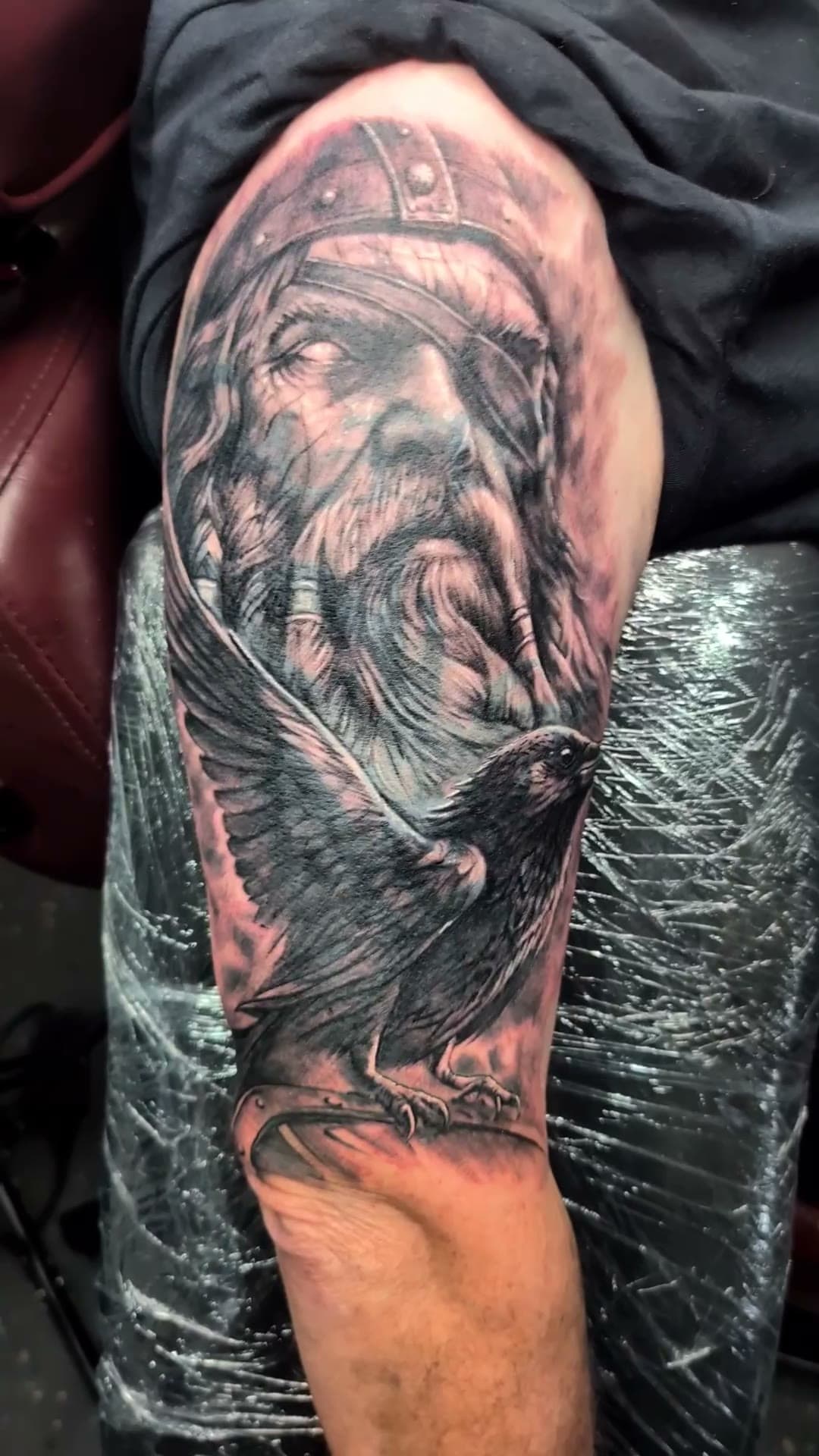 Odin and raven cover-up tattoo, stencil to reveal