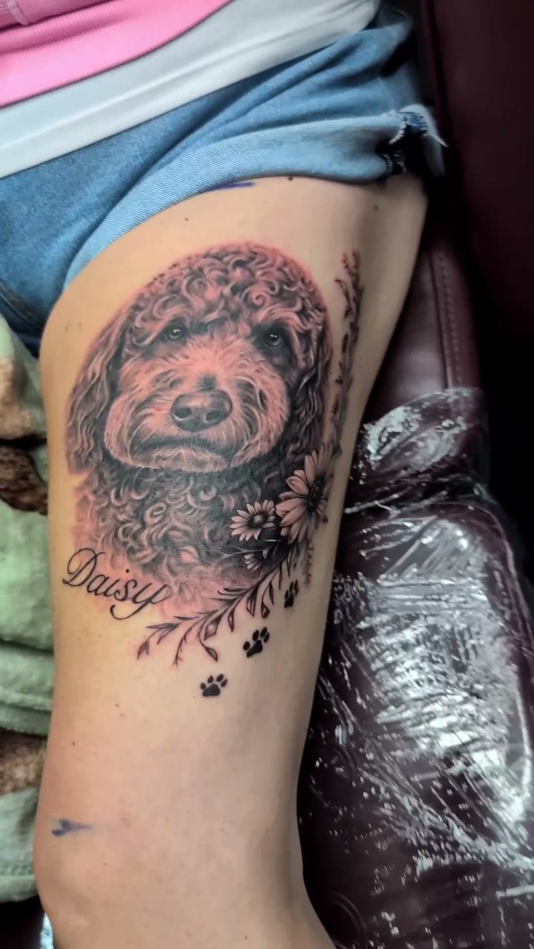 Golden doodle pet portrait tattoo, stencil to reveal