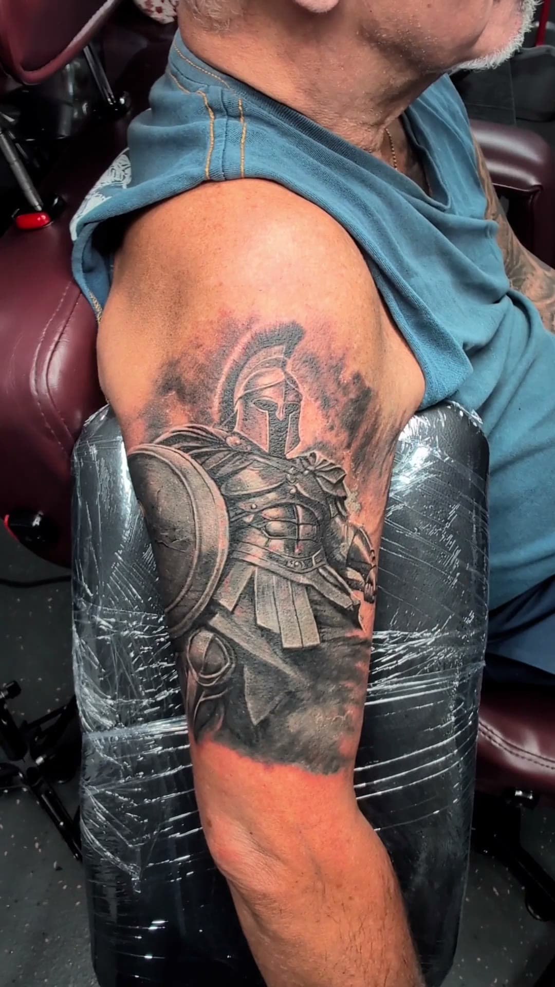 Greek warrior cover-up tattoo, old tattoo to reveal